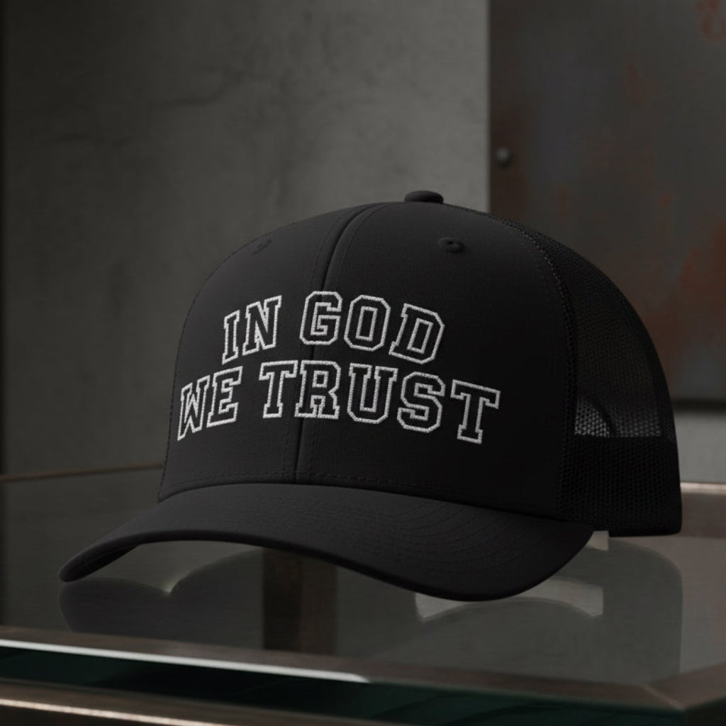 In God We Trust Trucker Cap in Black — in god we trust, collegiate, Richardson 112 christian trucker cap