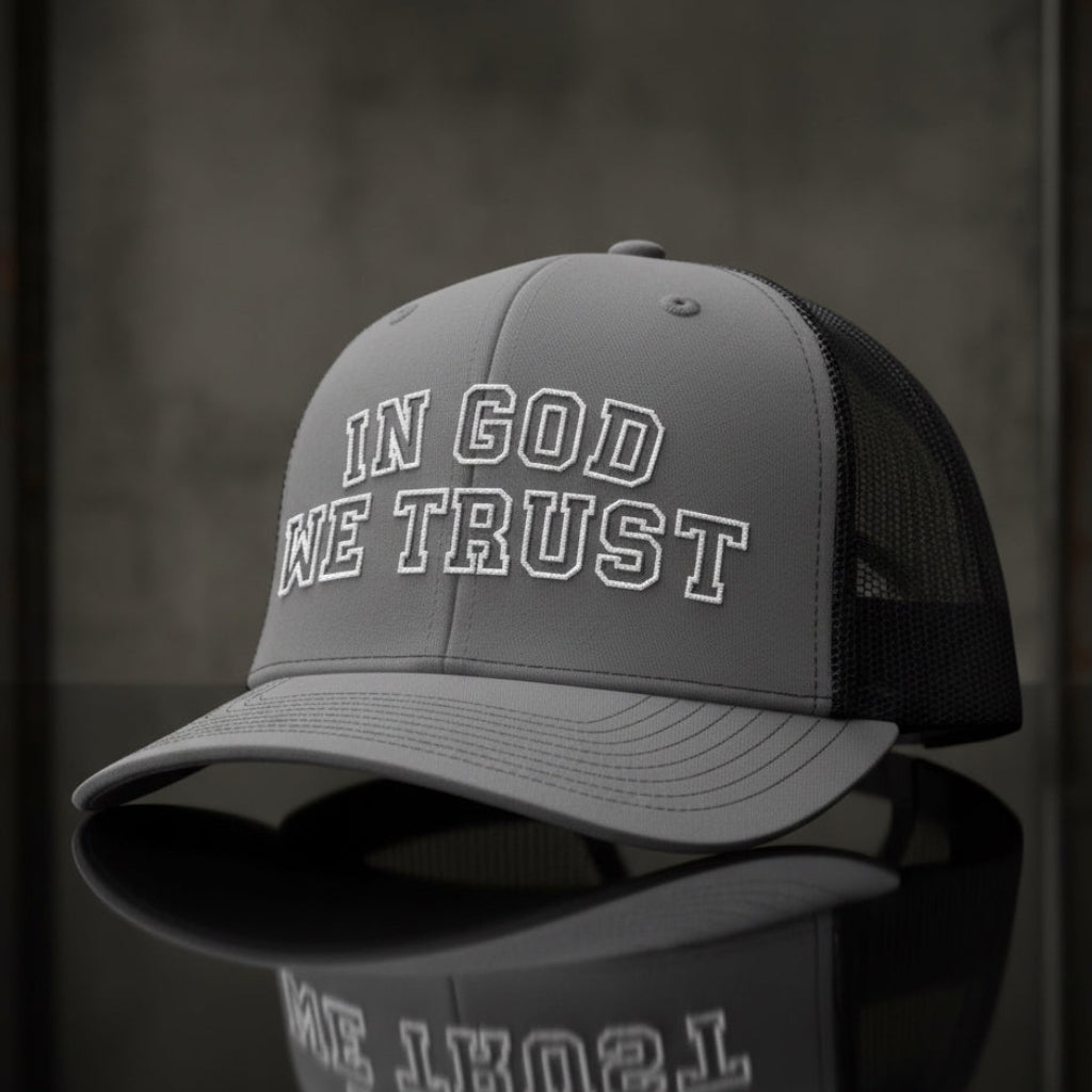 In God We Trust Trucker Cap in Charcoal / Black, alternate view — in god we trust, collegiate, Richardson 112 christian trucker cap