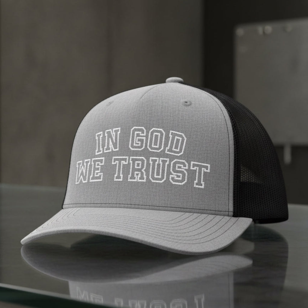In God We Trust Trucker Cap in Heather Grey / Black — in god we trust, collegiate, Richardson 112 christian trucker cap