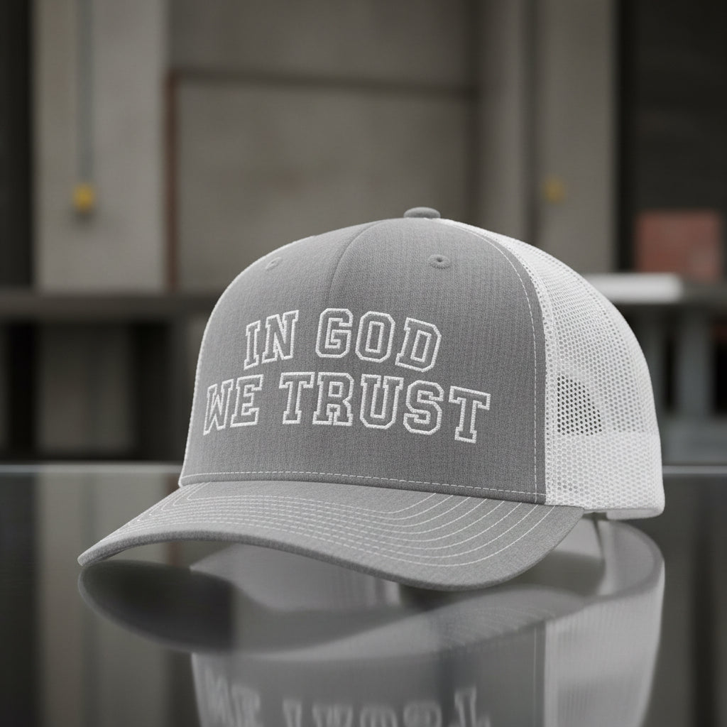In God We Trust Trucker Cap in Heather Grey / White — in god we trust, collegiate, Richardson 112 christian trucker cap