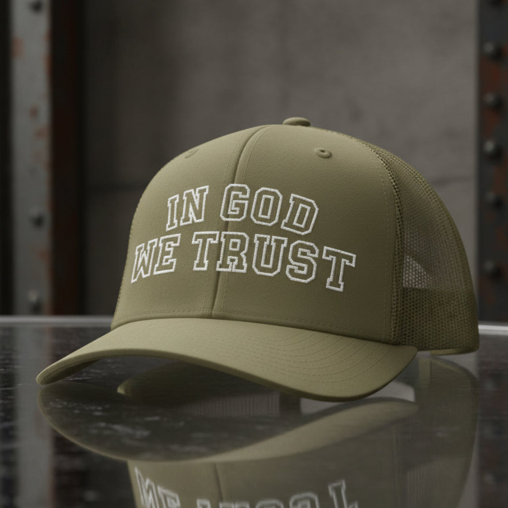 In God We Trust Trucker Cap in Loden (olive green) — in god we trust, collegiate, Richardson 112 christian trucker cap