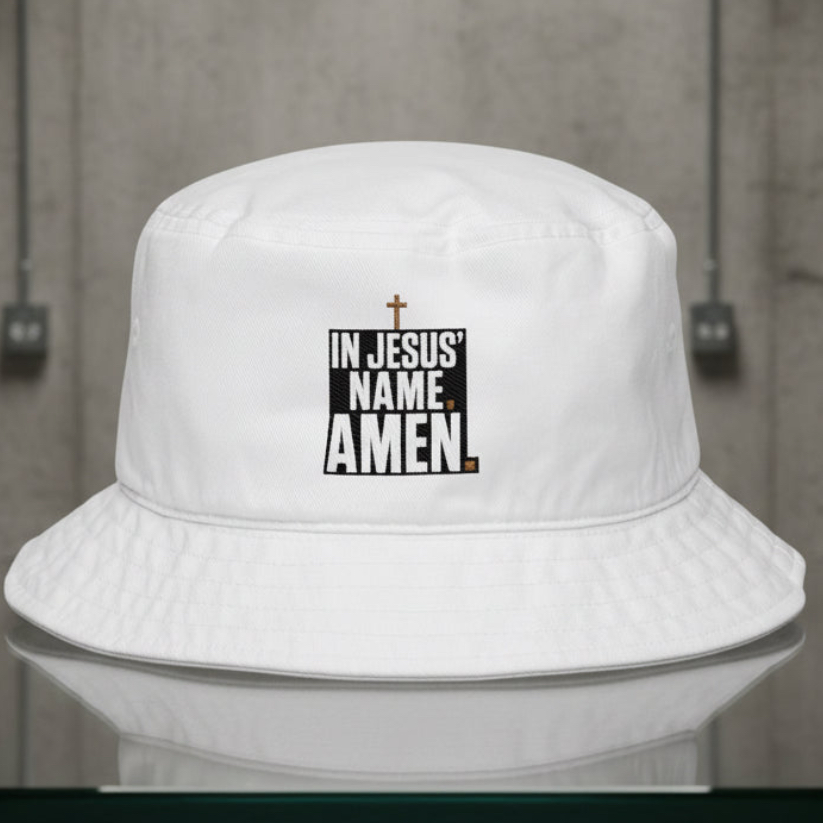 In Jesus Name Bucket Hat in White, embroidery close-up — in jesus name amen, declaration of faith, Big Accessories BX003 christian bucket hat