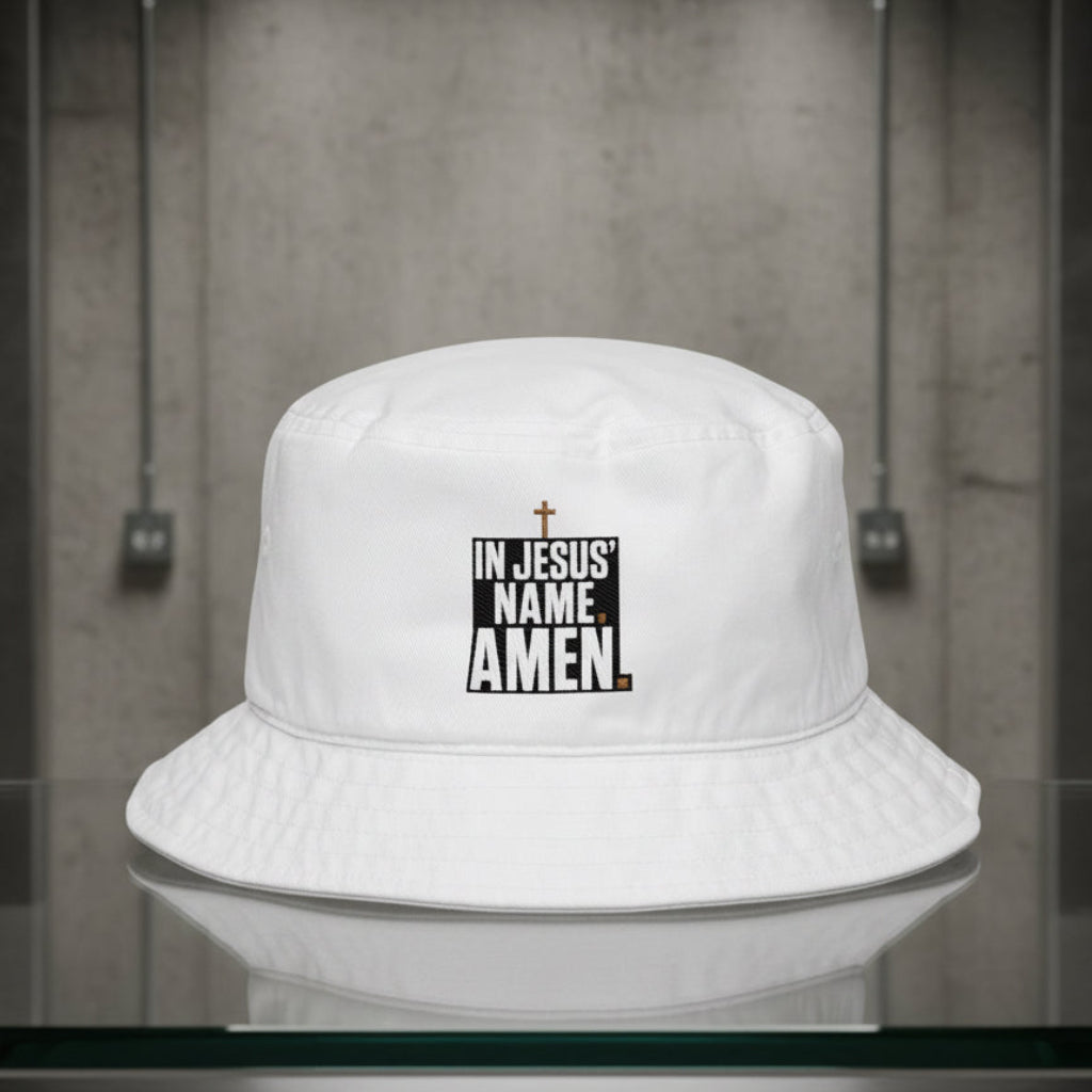 In Jesus Name Bucket Hat in White — in jesus name amen, declaration of faith, Big Accessories BX003 christian bucket hat