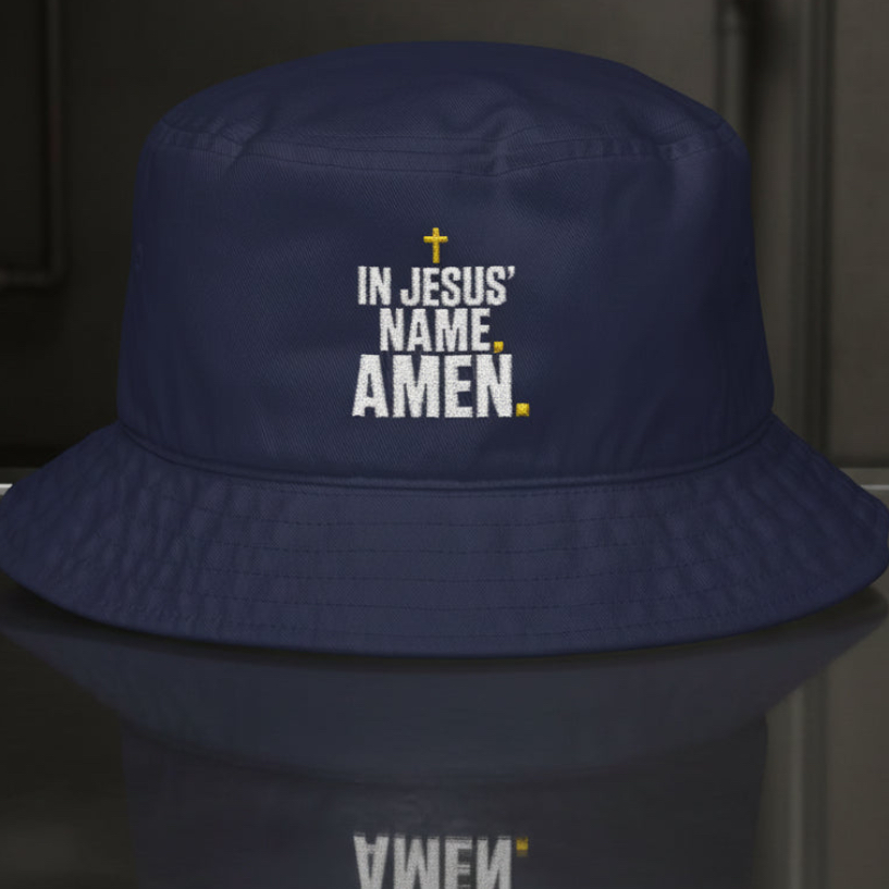 In Jesus Name Navy Bucket Hat in Navy, embroidery close-up — in jesus name amen, declaration of faith, Big Accessories BX003 christian bucket hat