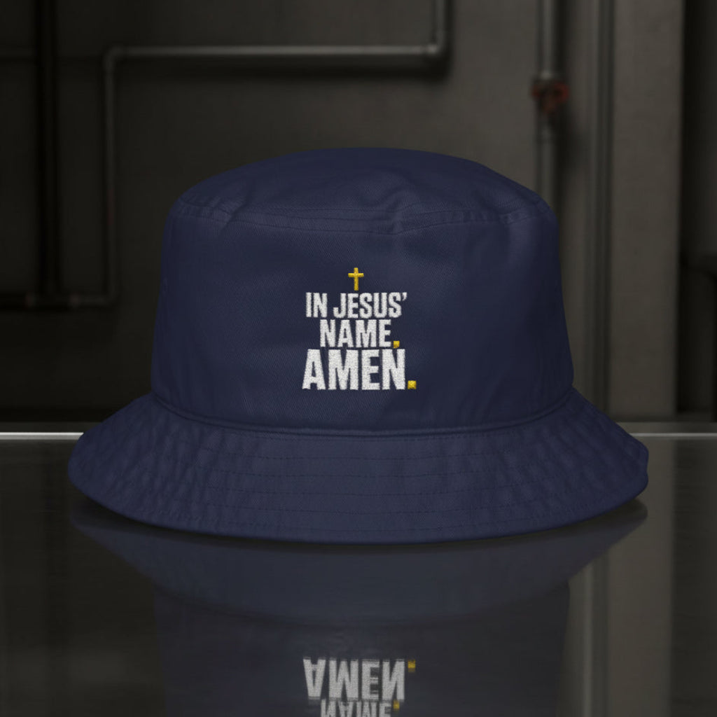 In Jesus Name Navy Bucket Hat in Navy — in jesus name amen, declaration of faith, Big Accessories BX003 christian bucket hat