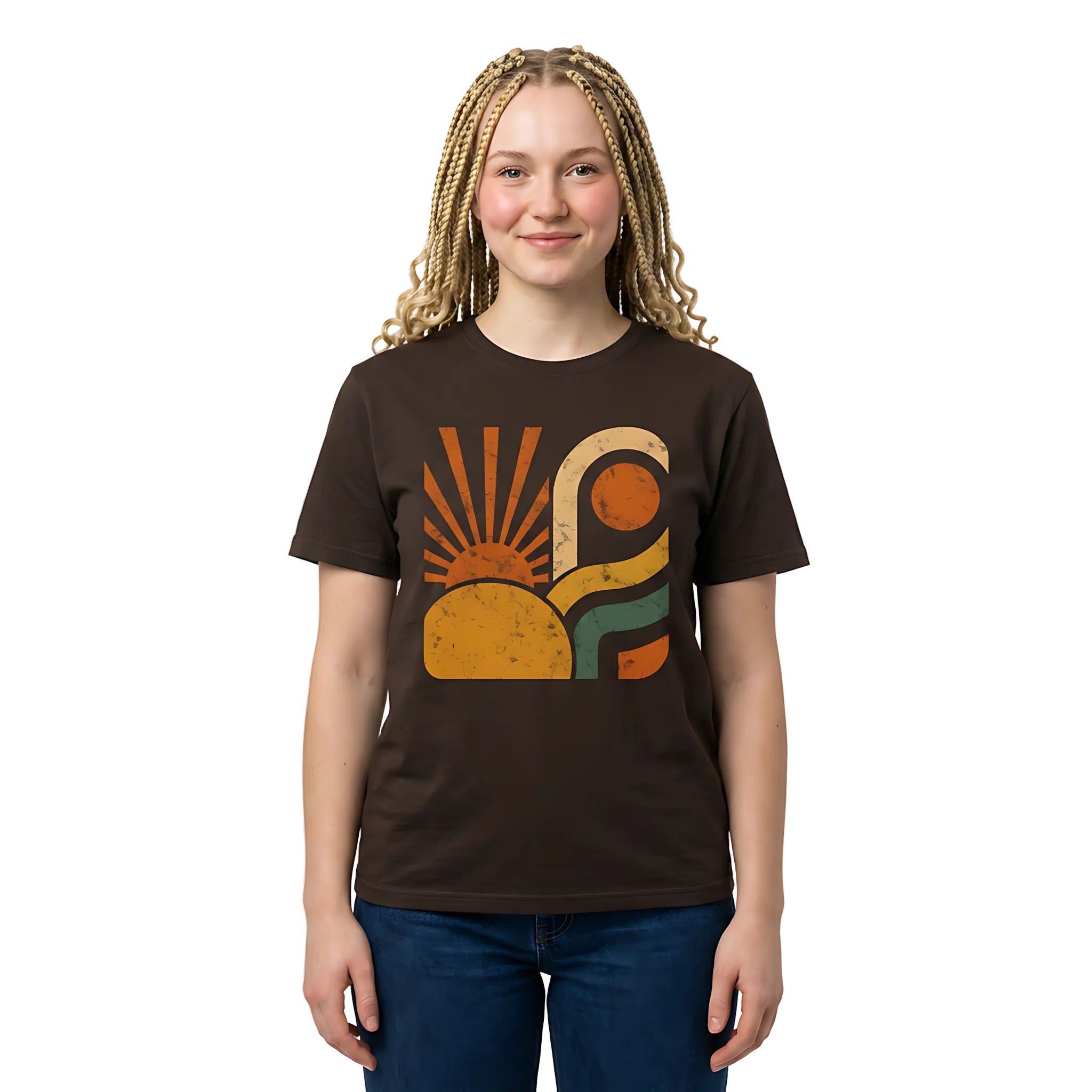 Vintage-style Retro Sunrise T-shirt featuring abstract sun, moon, wave, and landscape artwork in warm earthy colours on a dark chocolate tee.