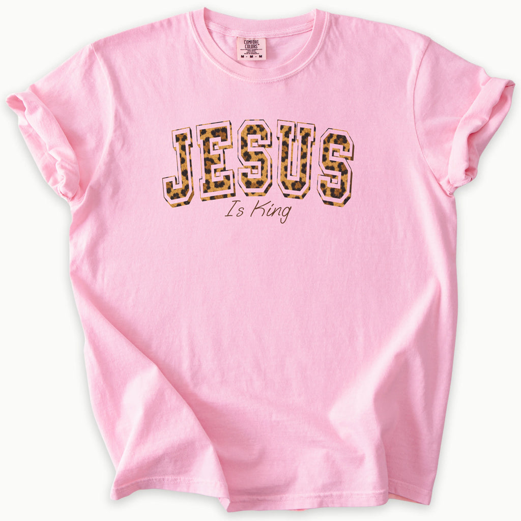 Leopard Jesus T-Shirt in Blossom (soft pink) — Jesus is King, bold faith, Comfort Colors 1717 unisex christian faith tee