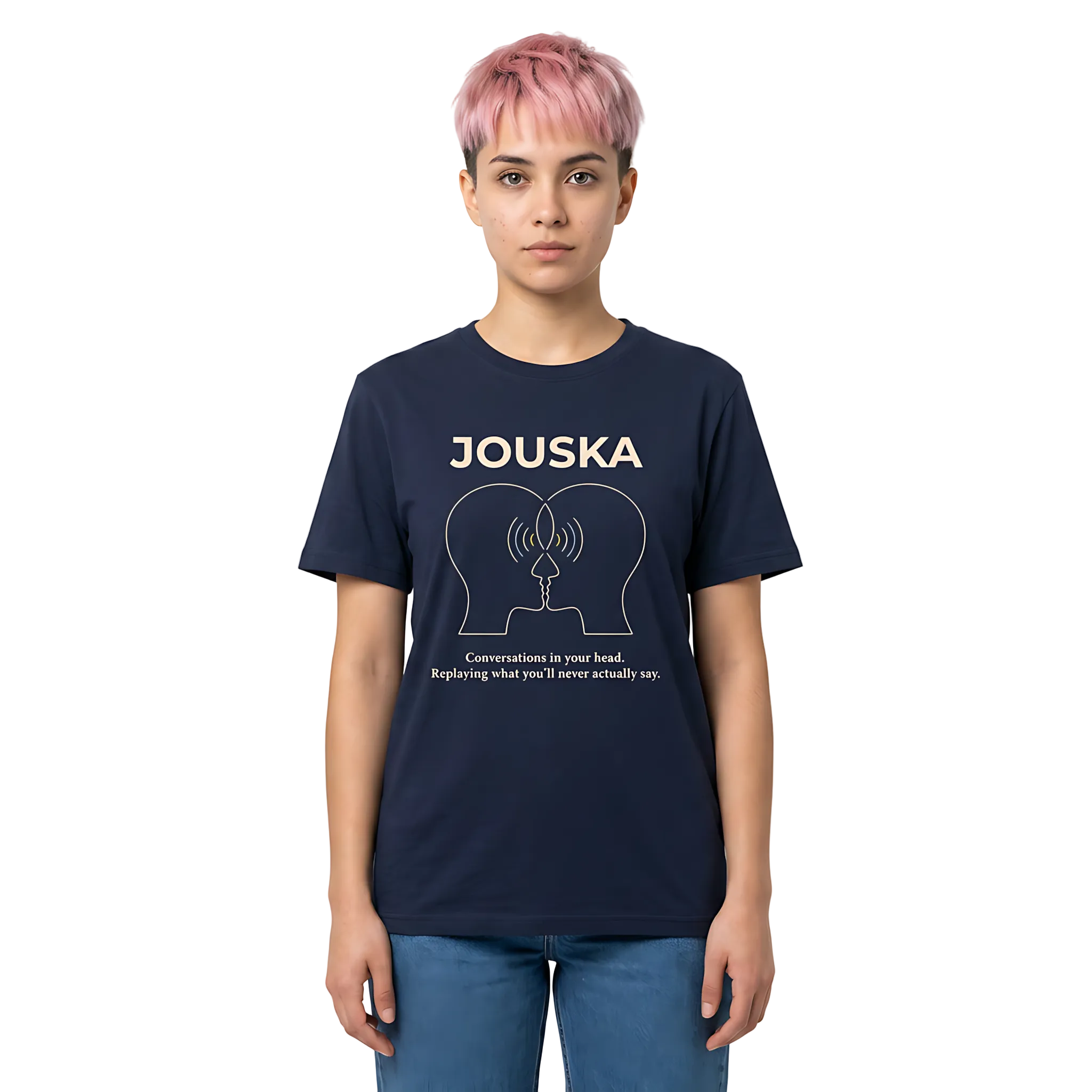 Person wearing a navy blue t-shirt with 'JOUSKA' design and text on a white background