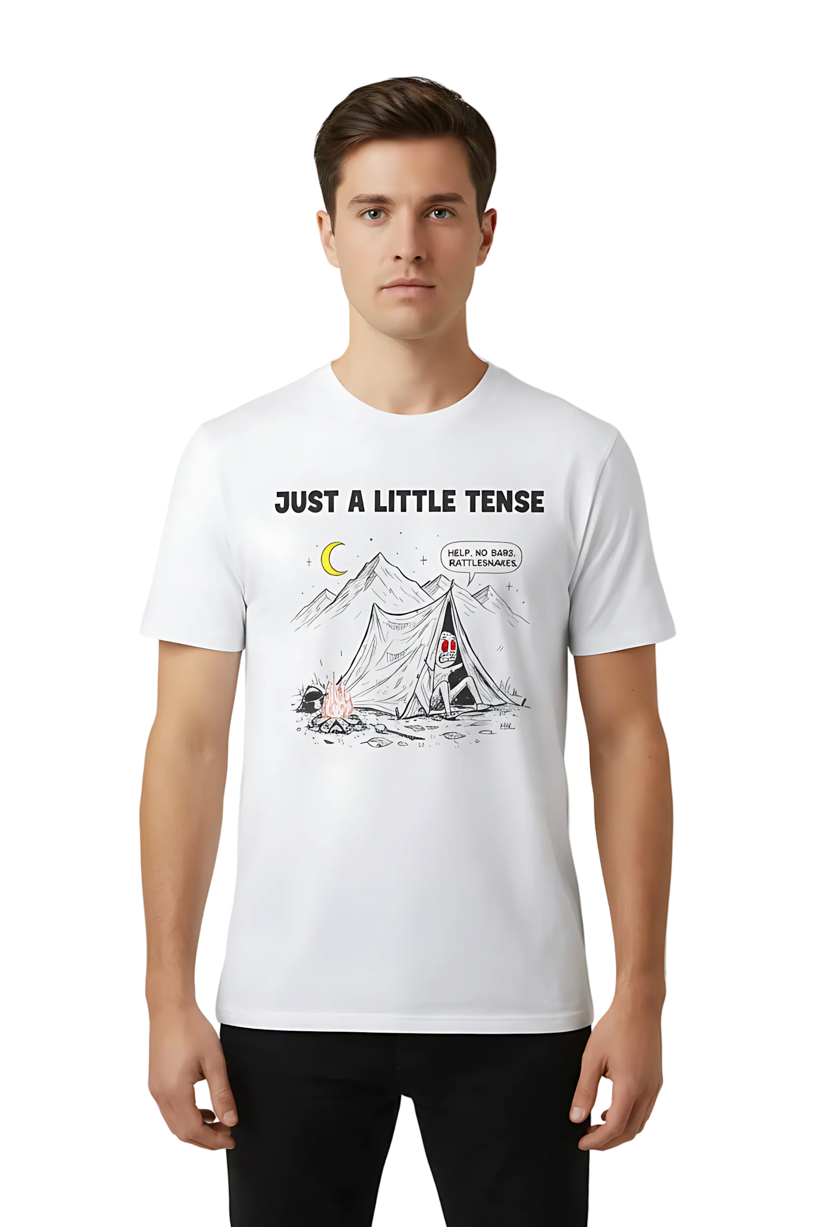 Person wearing a white t-shirt with a graphic design and text on a plain background