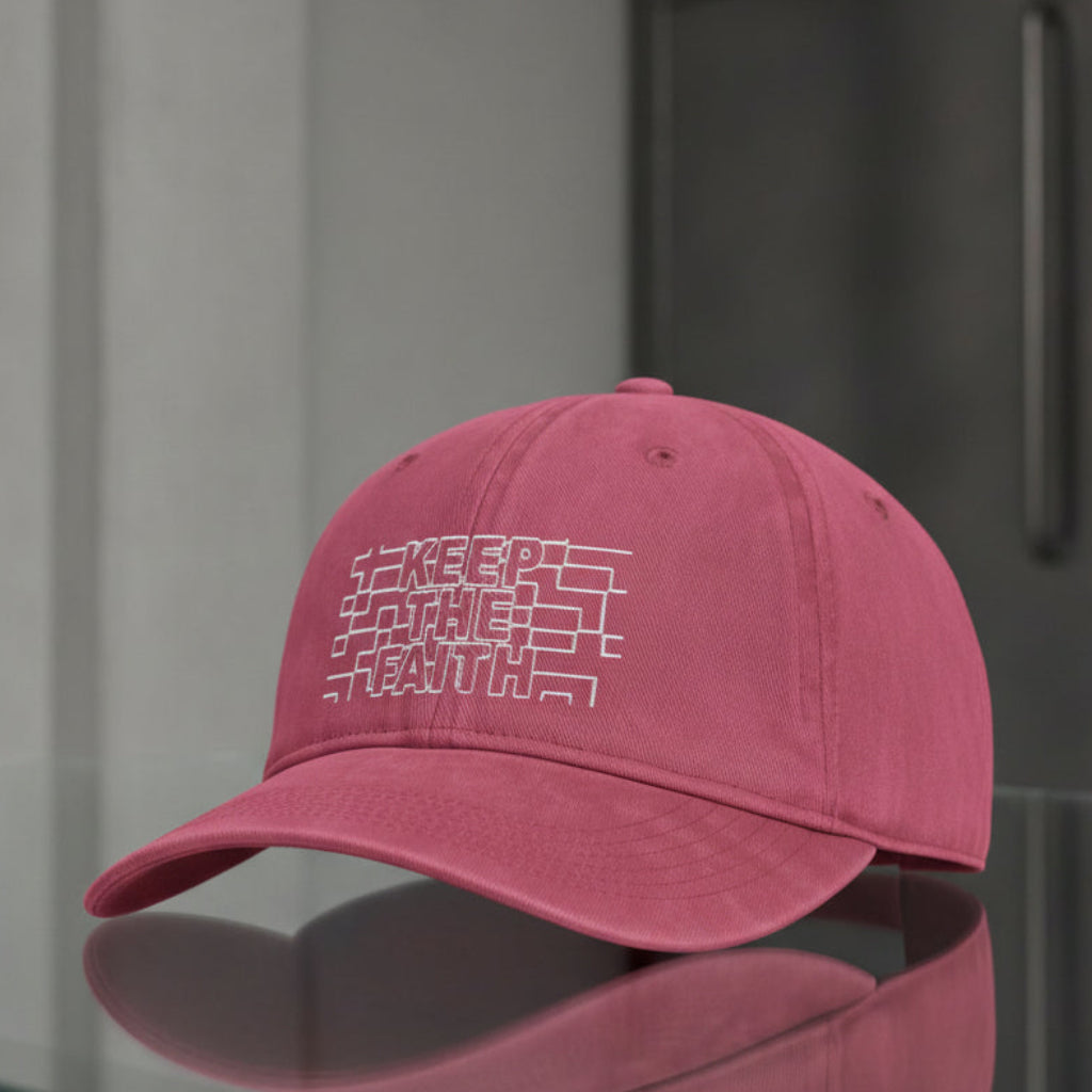 Keep The Faith Cap in Crimson (washed red) — keep the faith, outline lettering, Comfort Colors CCWC0 washed christian cap