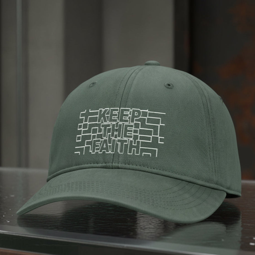 Keep The Faith Cap in Moss (green), alternate view — keep the faith, outline lettering, Comfort Colors CCWC0 washed christian cap