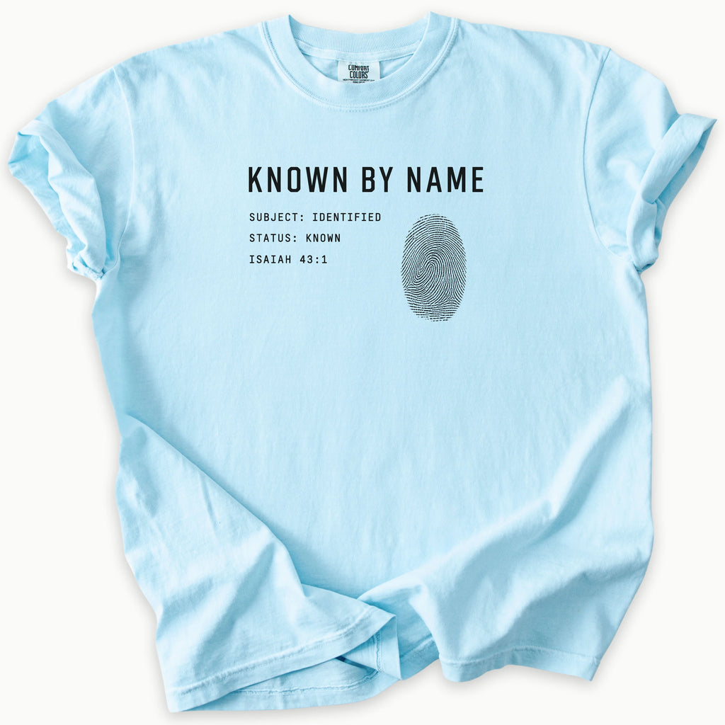 Known By Name T-Shirt in Chambray (light blue) — Isaiah 43:1, known by God fingerprint tee, Comfort Colors 1717 unisex christian faith tee