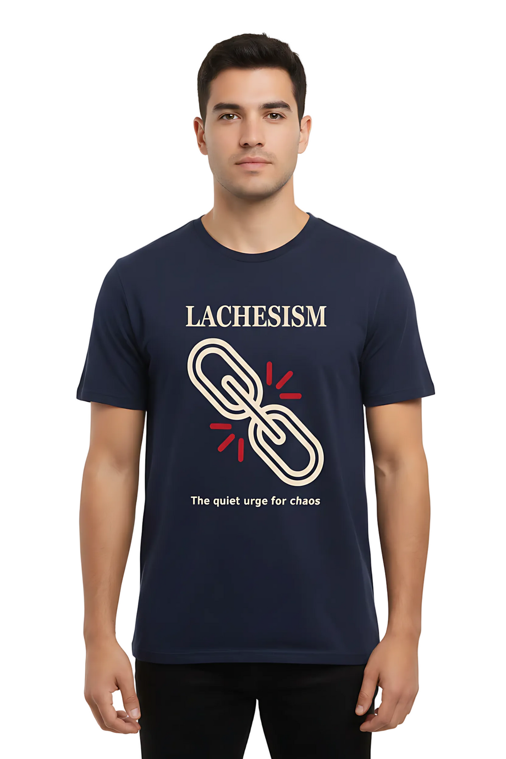 Man wearing a navy blue t-shirt with 'LACHESISIM' design on a white background