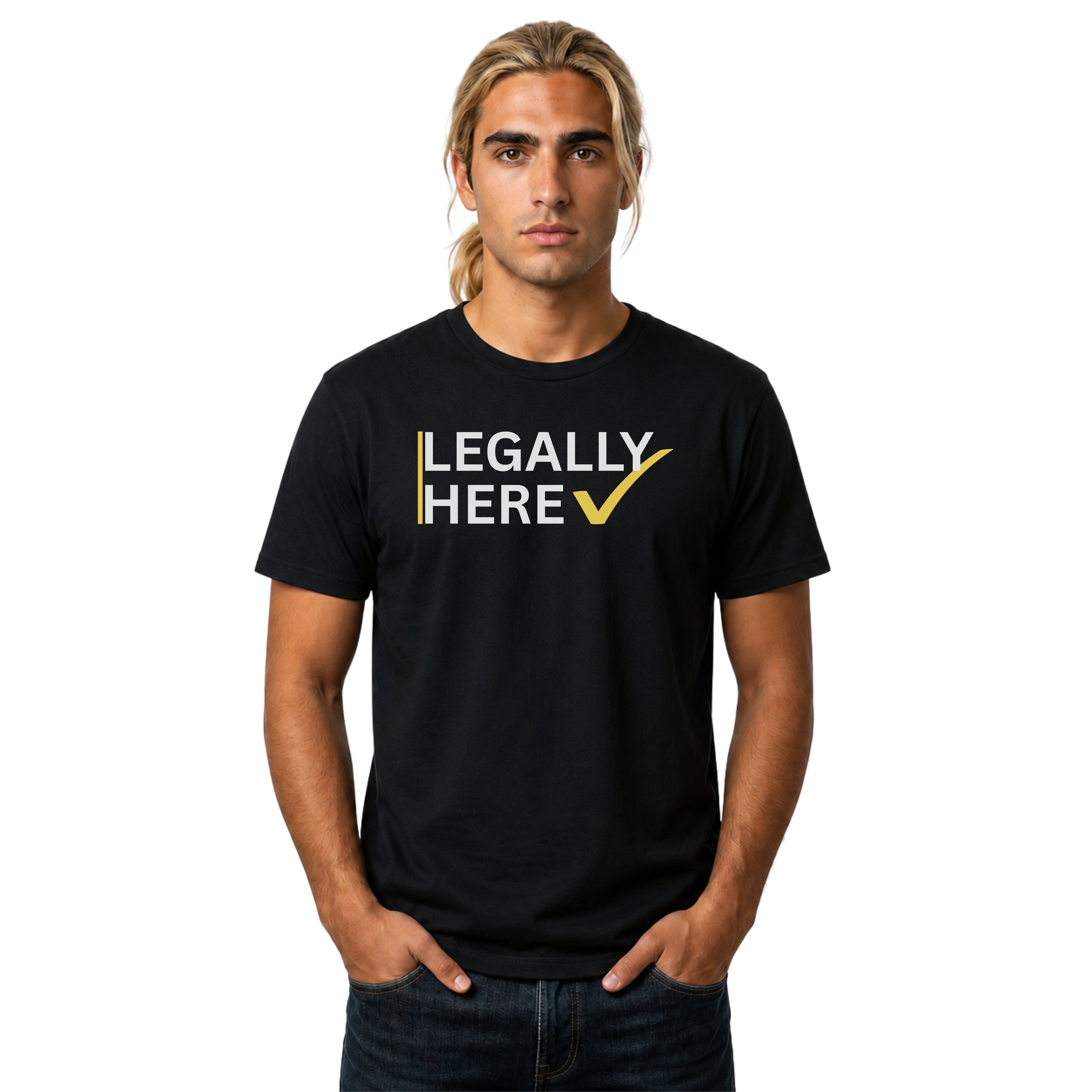 Man wearing a black t-shirt with 'LEGALLY HERE' text on a white background