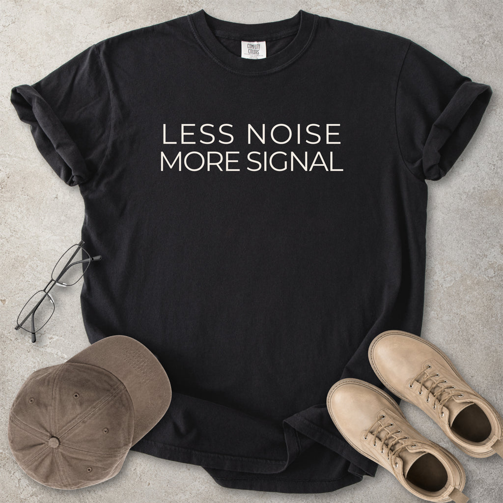 Black Comfort Colors graphic T-shirt with black text reading wyd omw brb nvm typical, styled with black boots and a black bandana