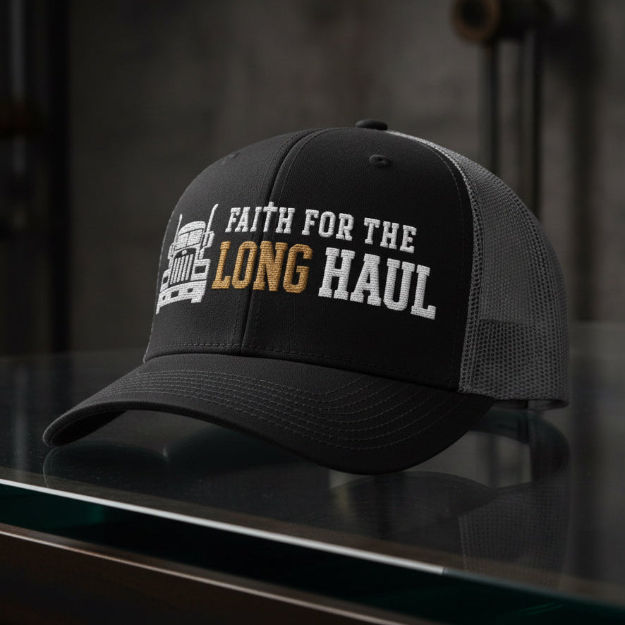 Long Haul Trucker Cap in Black / Charcoal — faith for the long haul, truck driver, Richardson 112 christian trucker cap