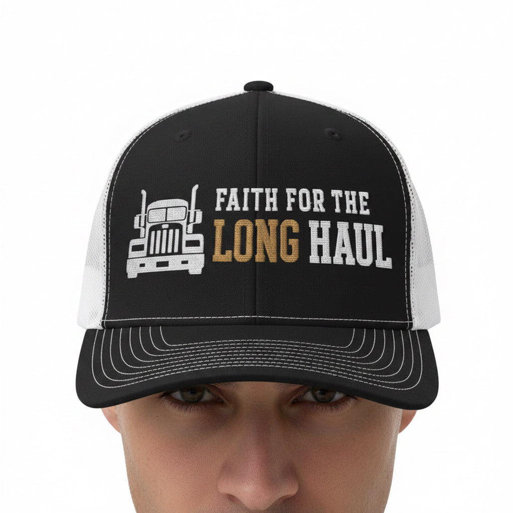 Model wearing the Long Haul Trucker Cap in Black / White — faith for the long haul, truck driver, Richardson 112 christian trucker cap