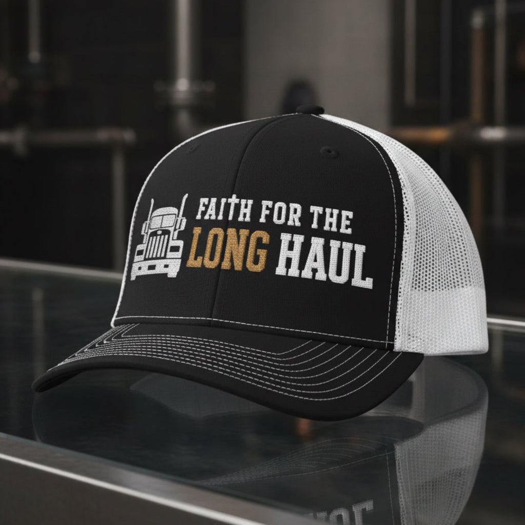Long Haul Trucker Cap in Black / White — faith for the long haul, truck driver, Richardson 112 christian trucker cap