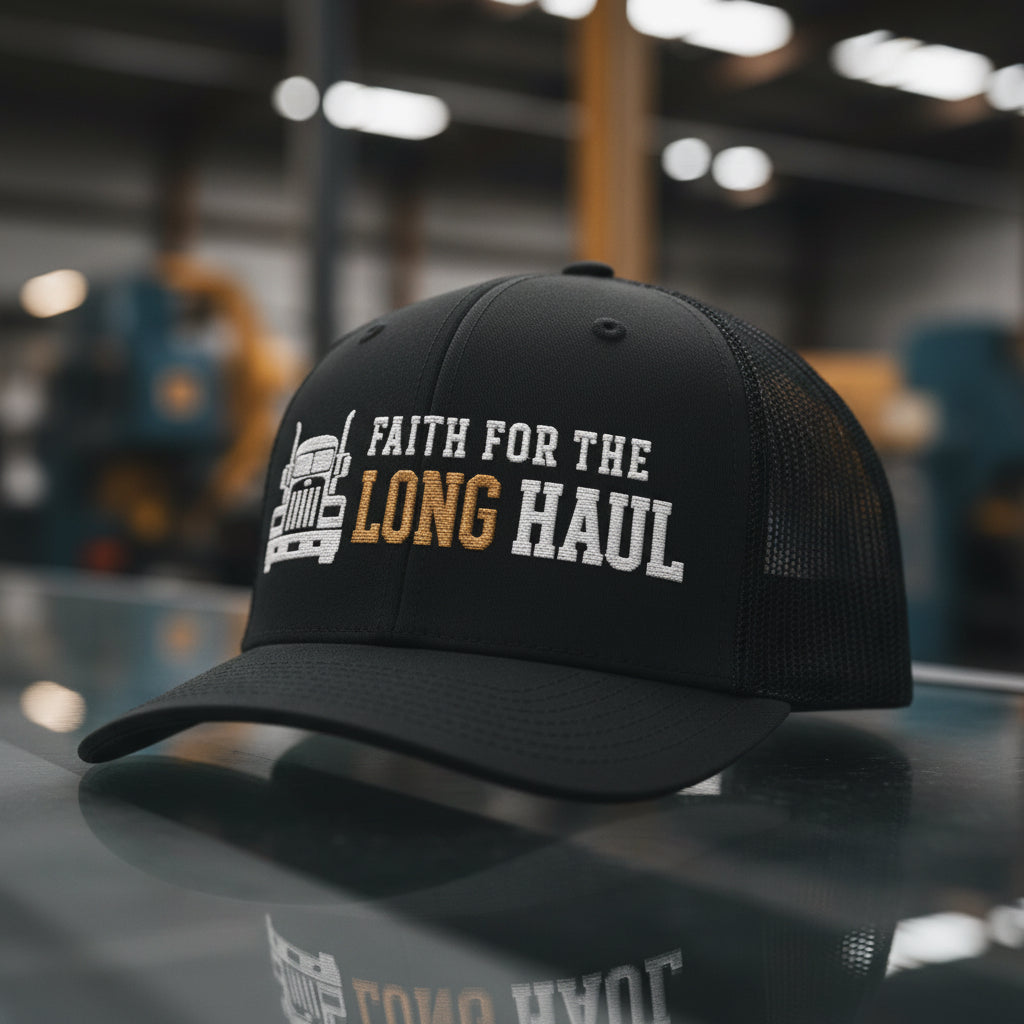 Long Haul Trucker Cap in Black — faith for the long haul, truck driver, Richardson 112 christian trucker cap
