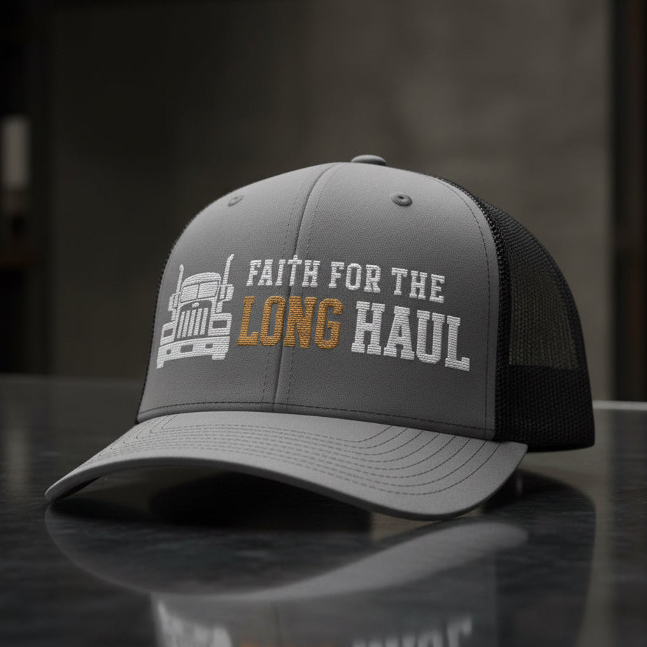 Long Haul Trucker Cap in Charcoal / Black — faith for the long haul, truck driver, Richardson 112 christian trucker cap