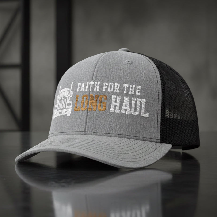 Long Haul Trucker Cap in Heather Grey / Black — faith for the long haul, truck driver, Richardson 112 christian trucker cap