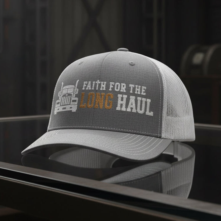 Long Haul Trucker Cap in Heather Grey / White — faith for the long haul, truck driver, Richardson 112 christian trucker cap