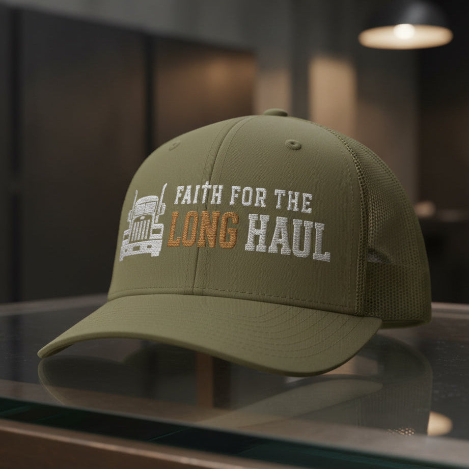 Long Haul Trucker Cap in Loden (olive green) — faith for the long haul, truck driver, Richardson 112 christian trucker cap