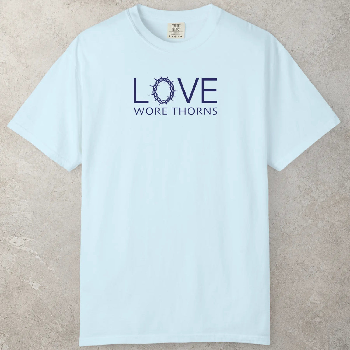 Love Wore Thorns T-Shirt in Chambray (light blue) — crown of thorns, minimalist, Comfort Colors 1717 unisex christian faith tee