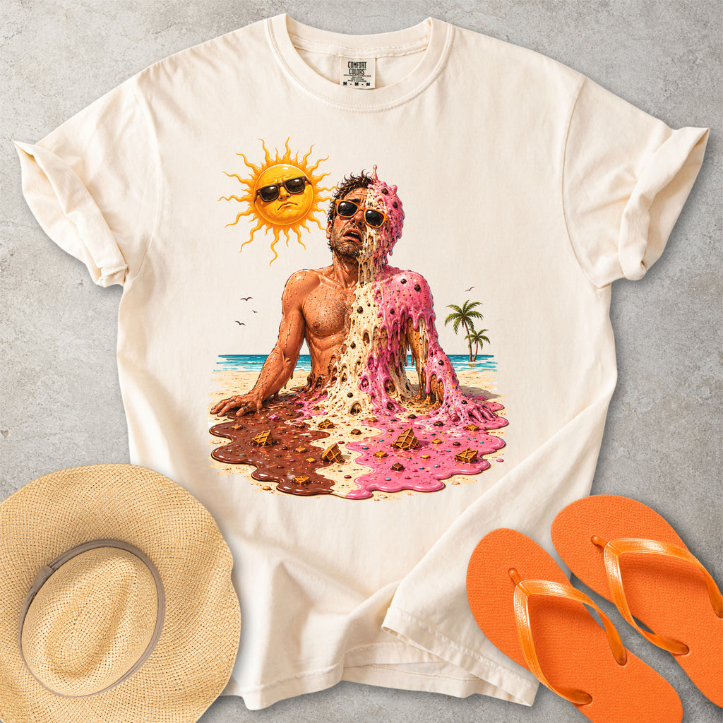 Beige Comfort Colors graphic T-shirt with a melting ice cream man on a sunny beach, styled with straw hat and orange flip flops