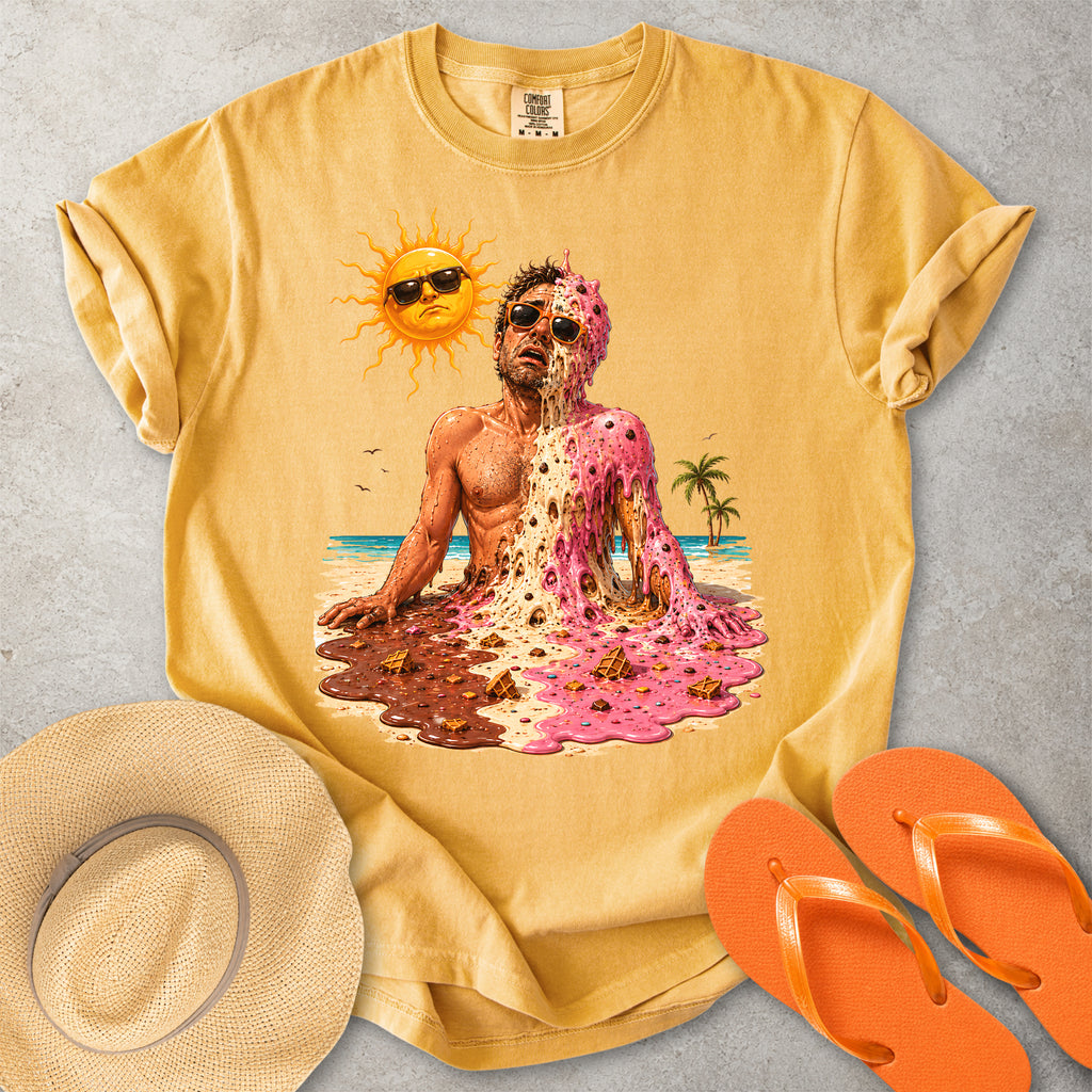 Mustard Comfort Colors graphic T-shirt with a melting ice cream man on a sunny beach, styled with straw hat and orange flip flops