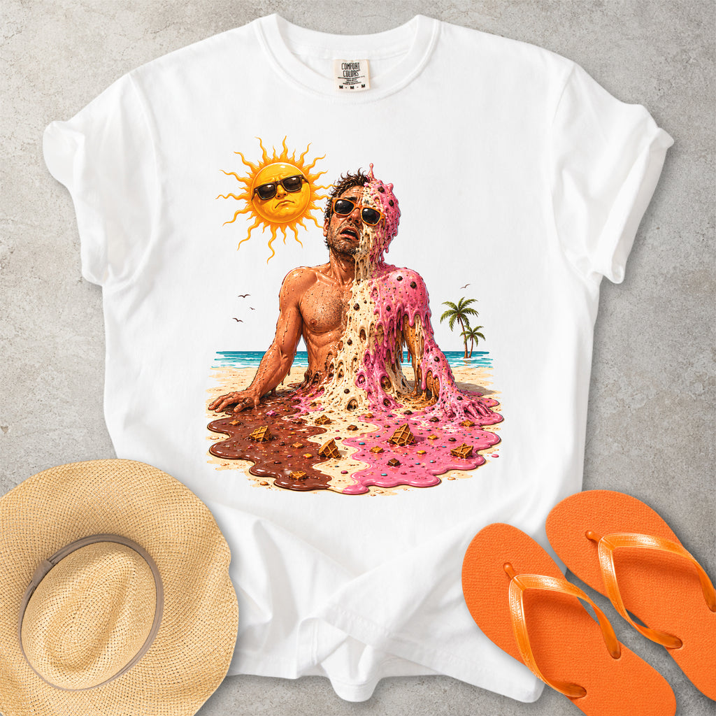 White Comfort Colors graphic T-shirt with a melting ice cream man on a sunny beach, styled with straw hat and orange flip flops