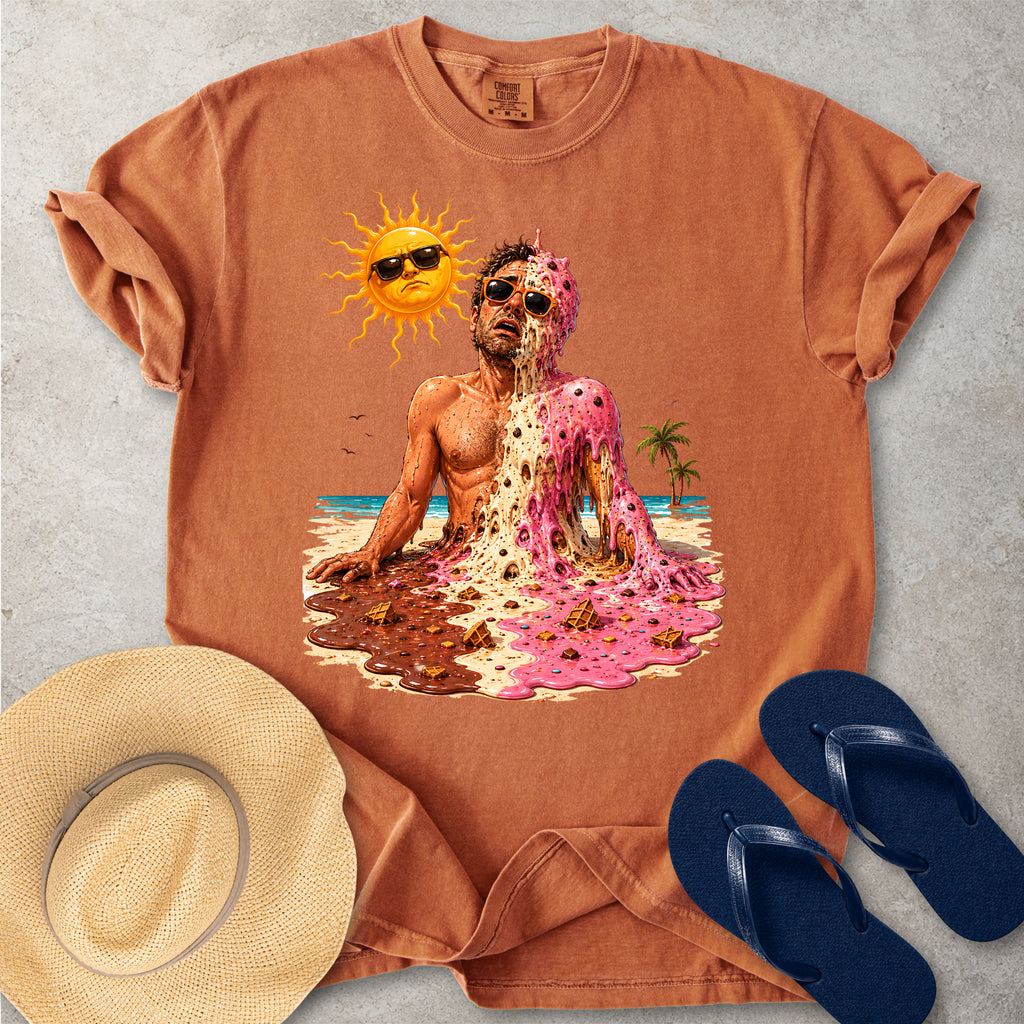 Orange Comfort Colors graphic T-shirt with a melting ice cream man on a sunny beach, styled with straw hat and orange flip flops