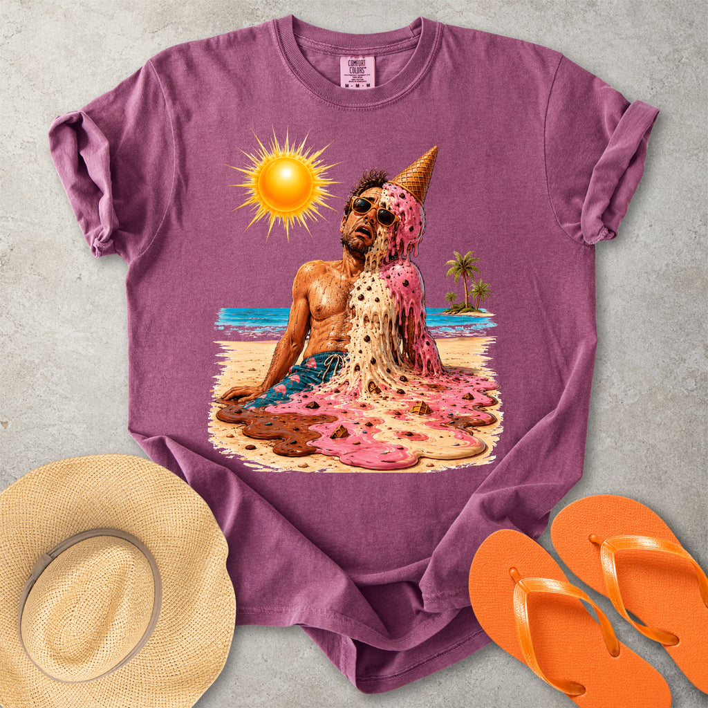 Berry red Comfort Colors graphic T-shirt with a melting ice cream man on a sunny beach, styled with straw hat and orange flip flops