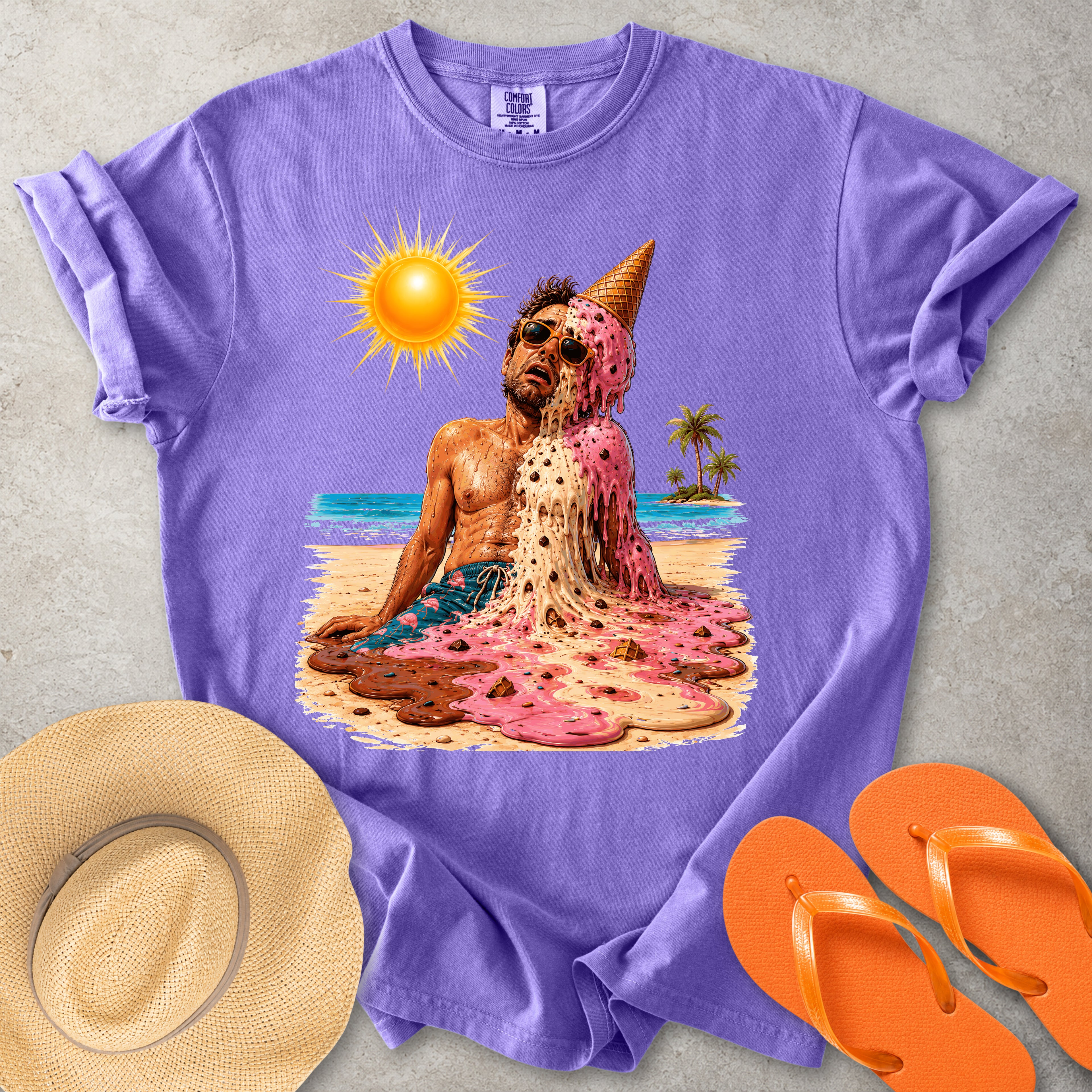 Purple Comfort Colors graphic T-shirt with a melting ice cream man on a sunny beach, styled with straw hat and orange flip flops