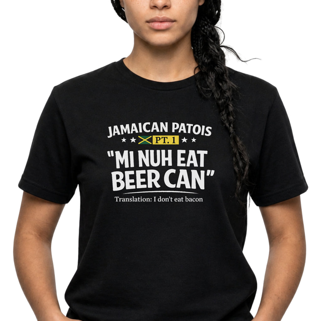 Person wearing a black t-shirt with Jamaican Patois text and translation on a white background