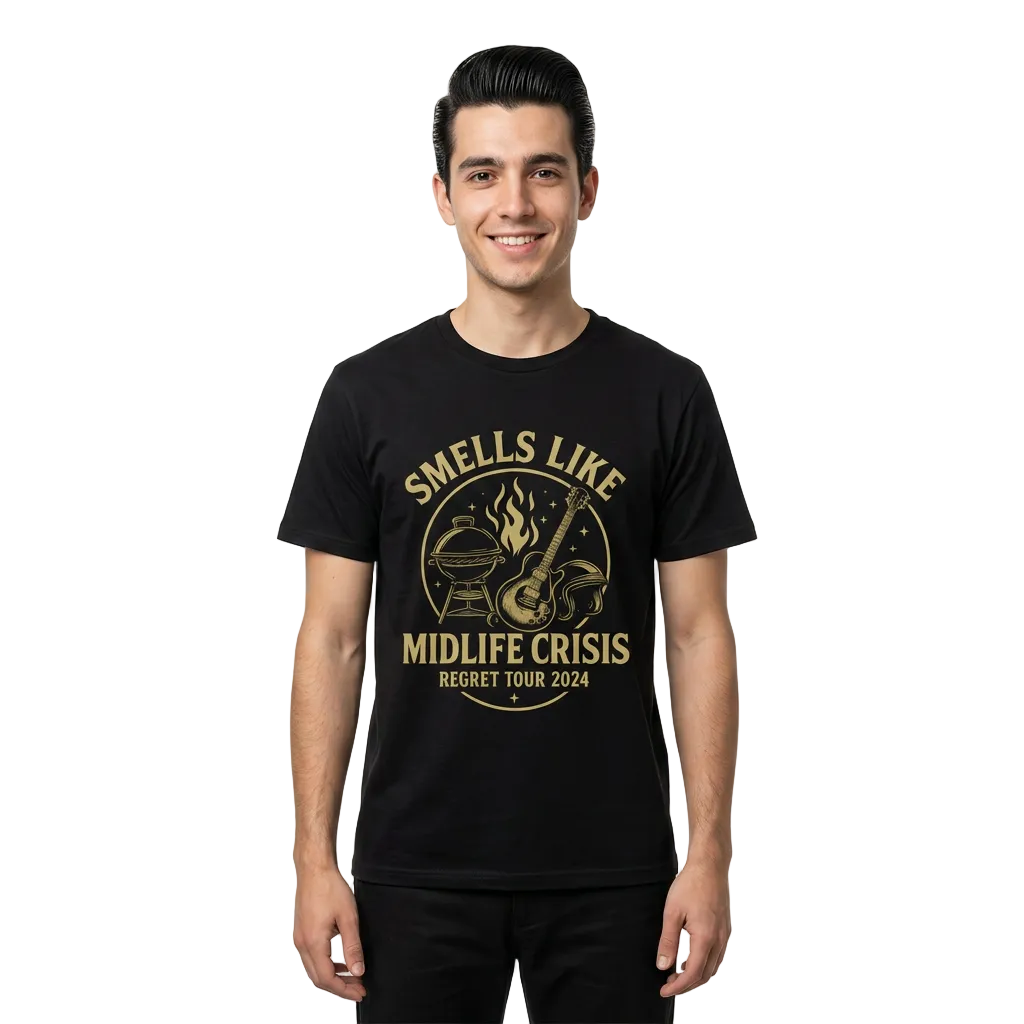 Man wearing a black t-shirt with gold graphic and text on a white background