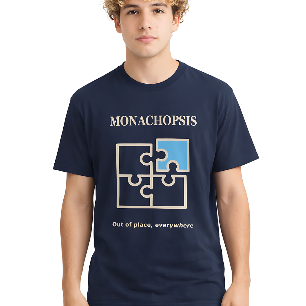 Person wearing a navy blue t-shirt with 'MONACHOPSIS' and puzzle piece design.