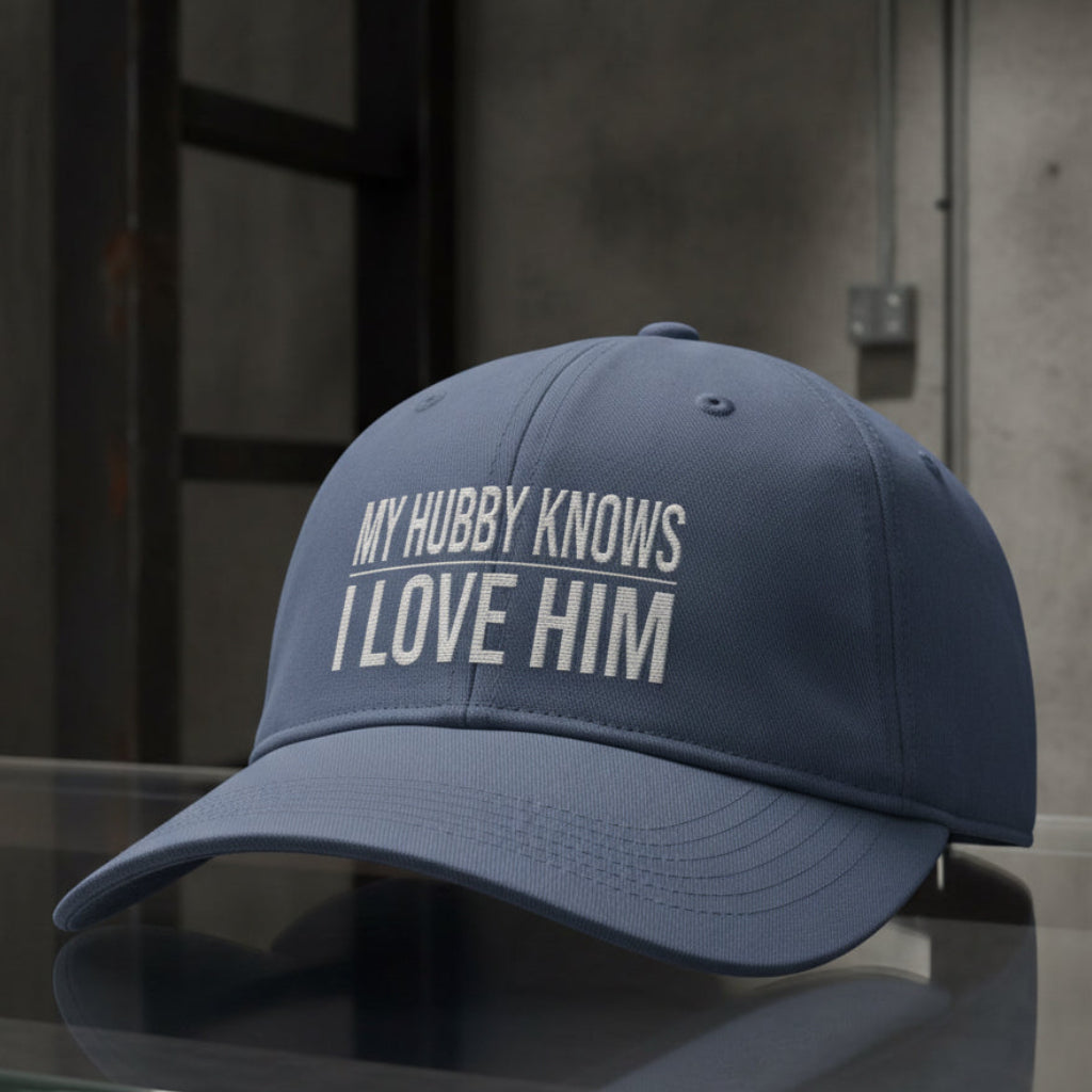 My Hubby Knows Cap in Blue Jean (slate blue) — my hubby knows i love him, wife gift, Comfort Colors CCWC0 washed christian cap