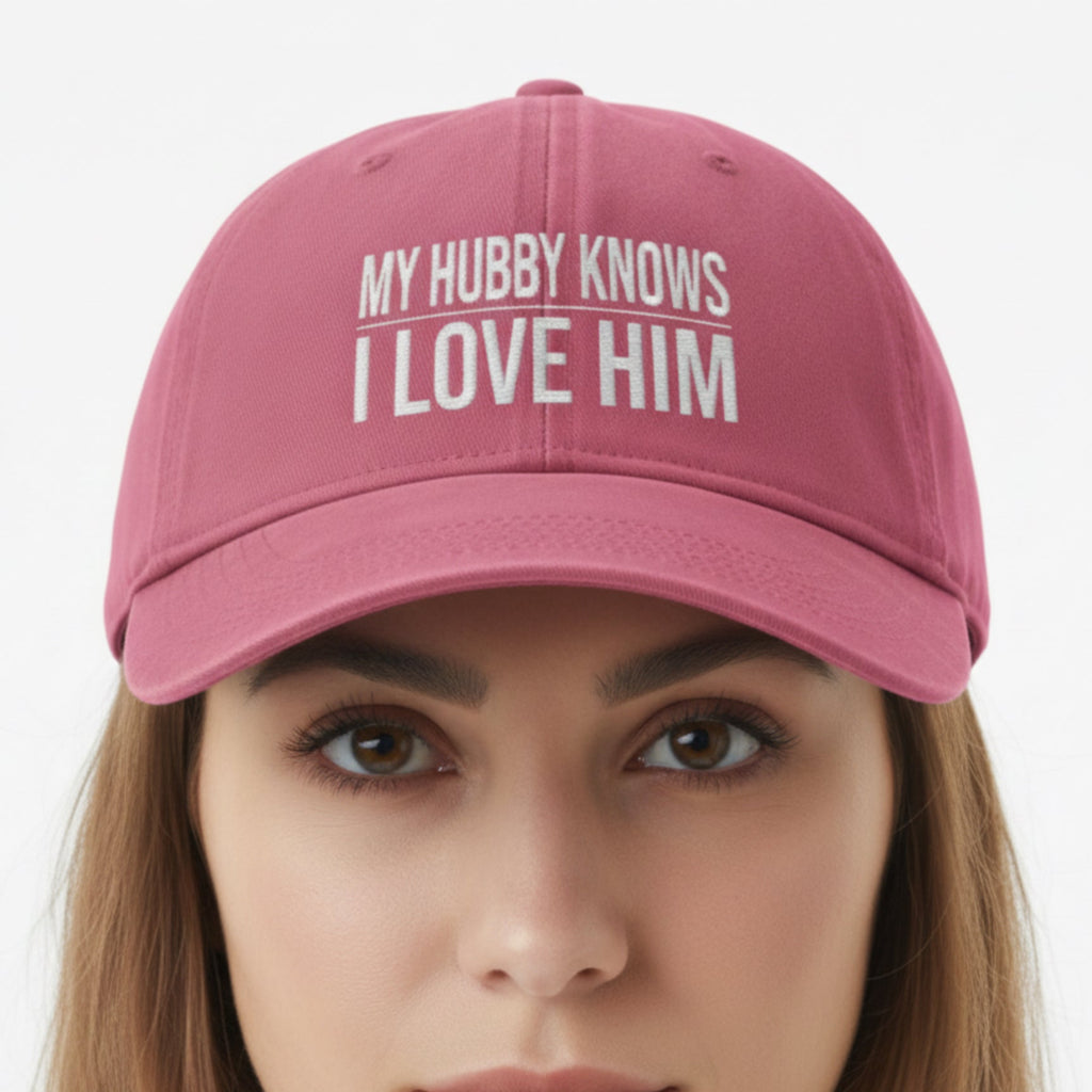 Model wearing the My Hubby Knows Cap in Crimson (washed red) — my hubby knows i love him, wife gift, Comfort Colors CCWC0 washed christian cap