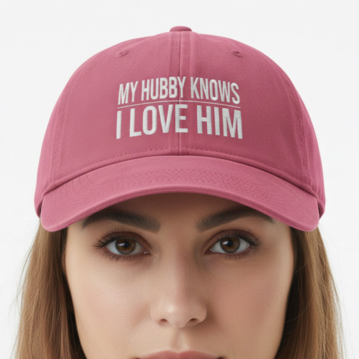 Model wearing the My Hubby Knows Cap in Crimson (washed red) — my hubby knows i love him, wife gift, Comfort Colors CCWC0 washed christian cap