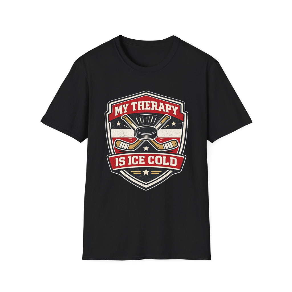 Hockey graphic tee featuring crossed sticks, puck artwork, and the phrase My Therapy Is Ice Cold on a bold black unisex T-shirt.