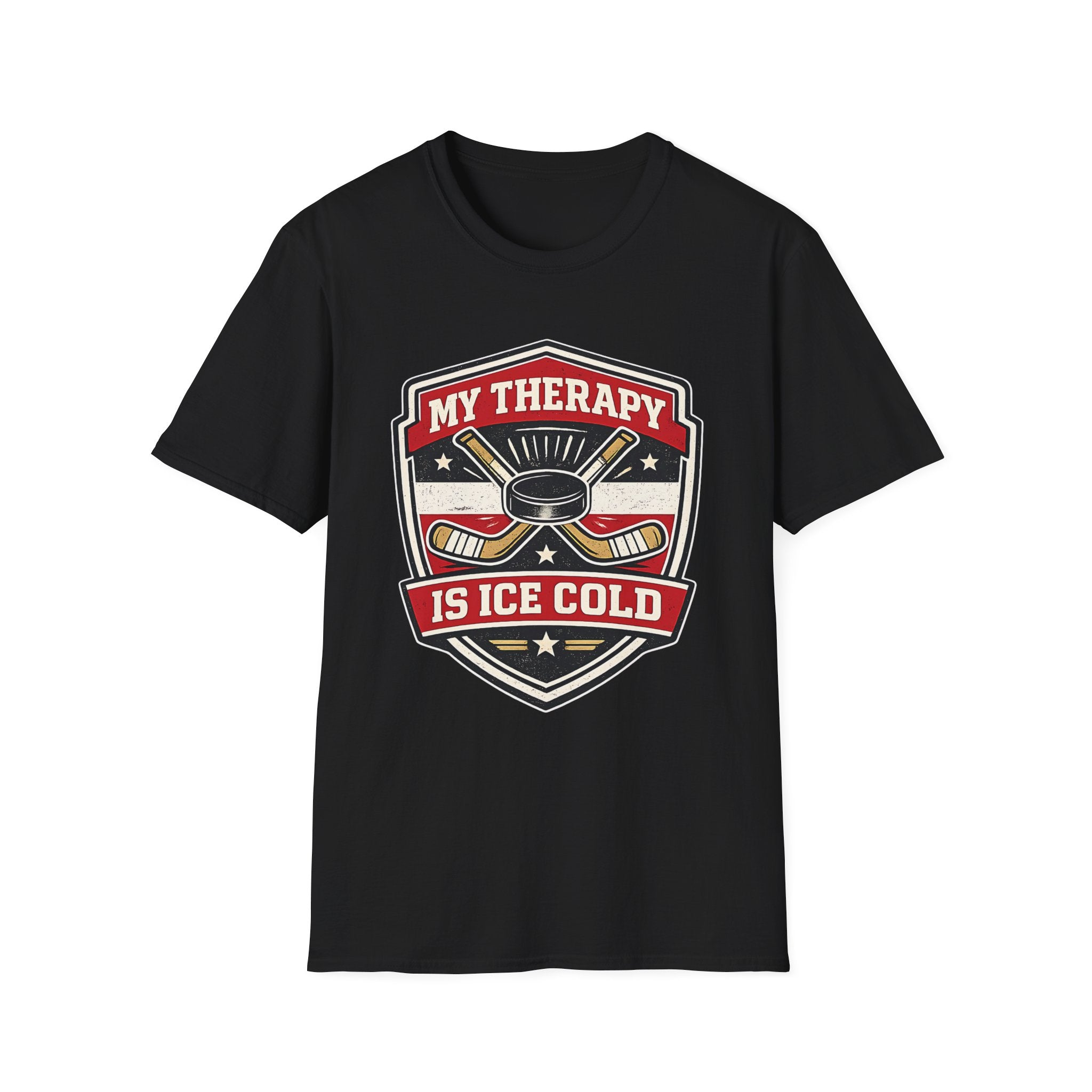 Hockey graphic tee featuring crossed sticks, puck artwork, and the phrase My Therapy Is Ice Cold on a bold black unisex T-shirt.