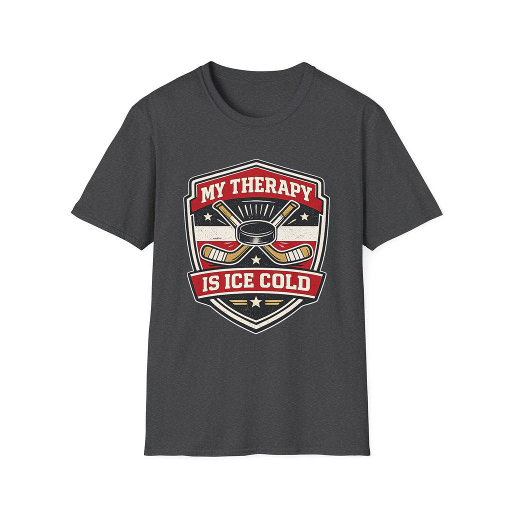 Hockey graphic tee featuring crossed sticks, puck artwork, and the phrase My Therapy Is Ice Cold on a bold dark heather unisex T-shirt.
