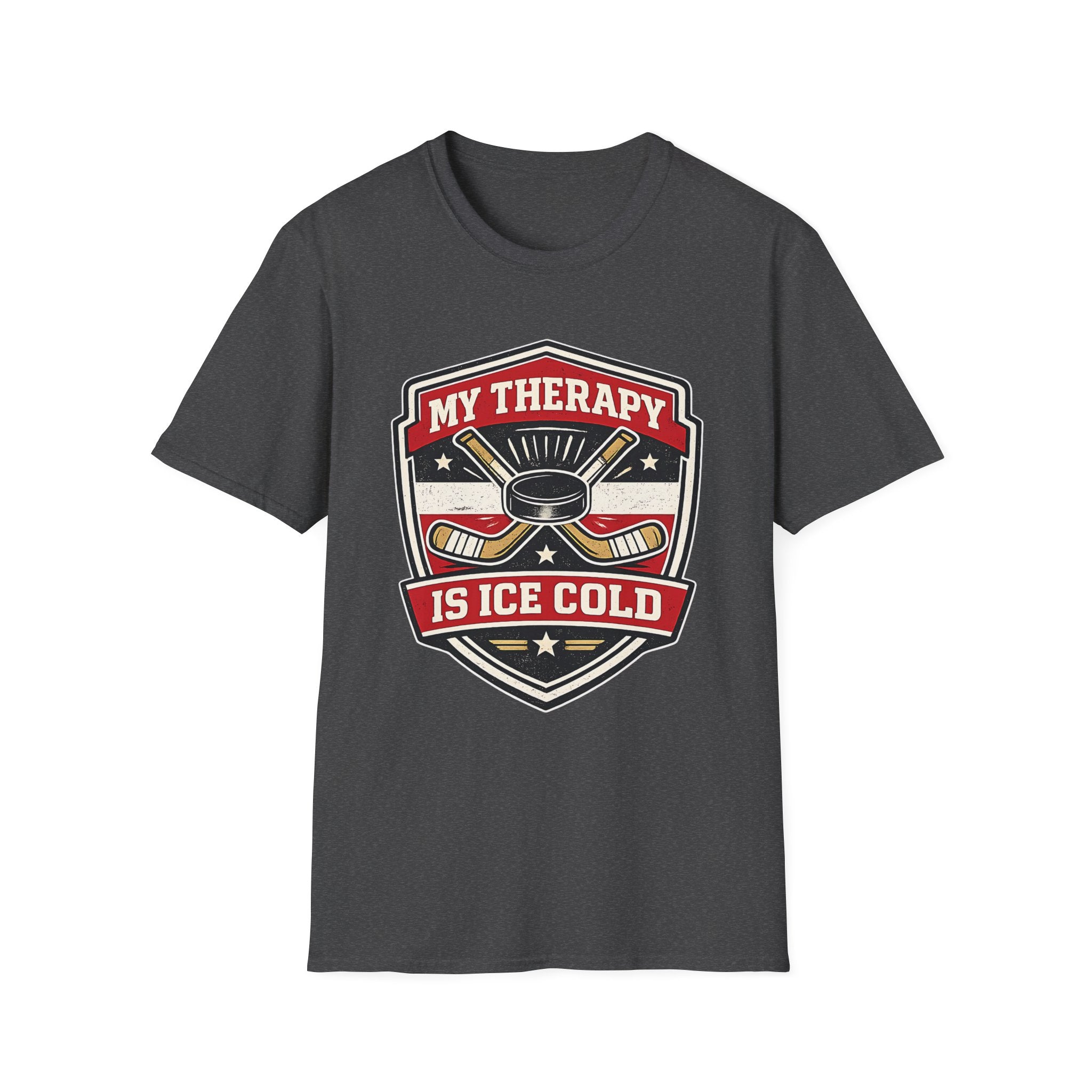 Hockey graphic tee featuring crossed sticks, puck artwork, and the phrase My Therapy Is Ice Cold on a bold dark heather unisex T-shirt.
