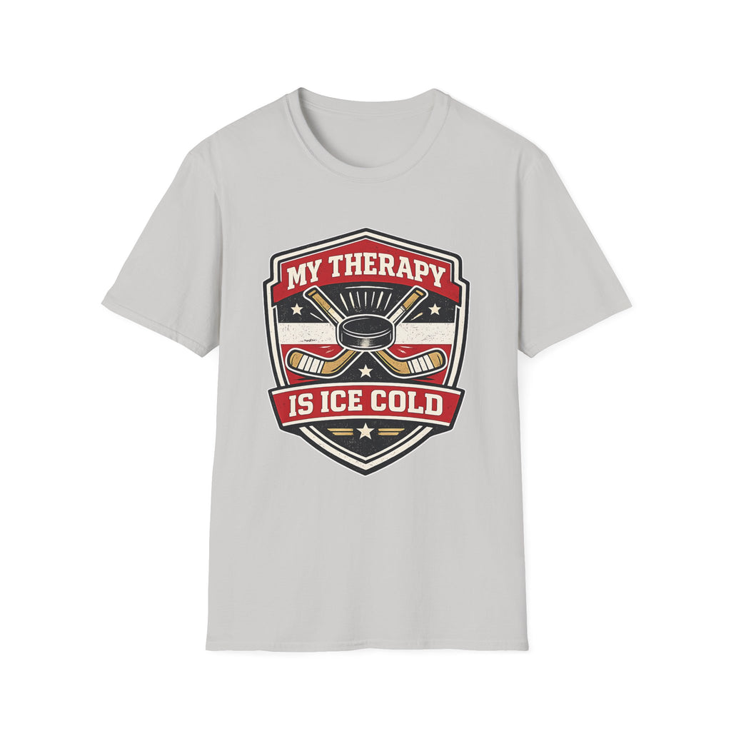 Hockey graphic tee featuring crossed sticks, puck artwork, and the phrase My Therapy Is Ice Cold on a bold ice grey unisex T-shirt.