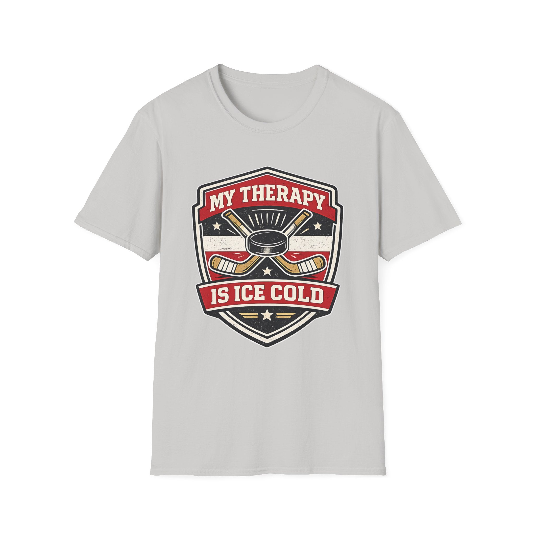 Hockey graphic tee featuring crossed sticks, puck artwork, and the phrase My Therapy Is Ice Cold on a bold ice grey unisex T-shirt.