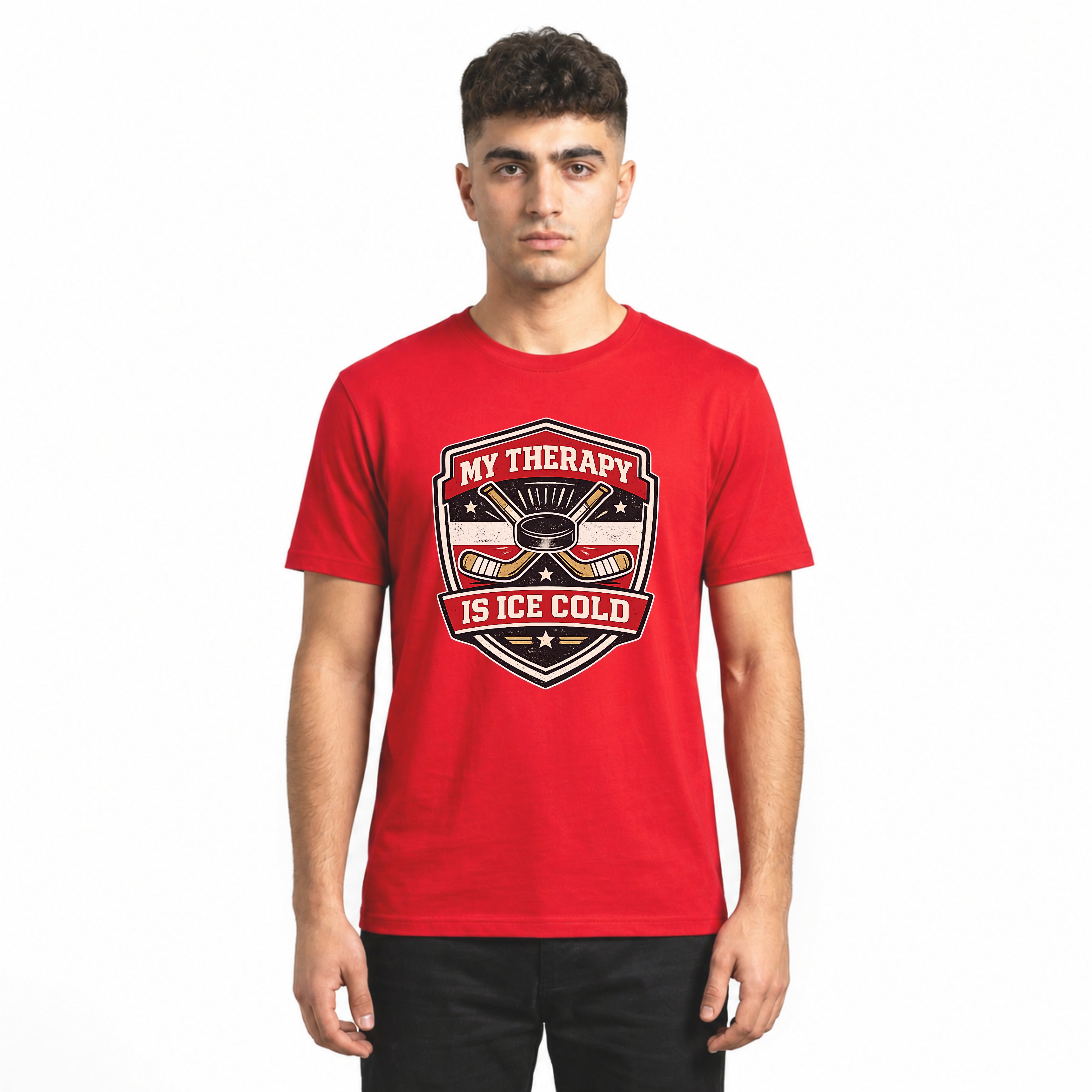 Hockey graphic tee featuring crossed sticks, puck artwork, and the phrase My Therapy Is Ice Cold on a bold red unisex T-shirt.