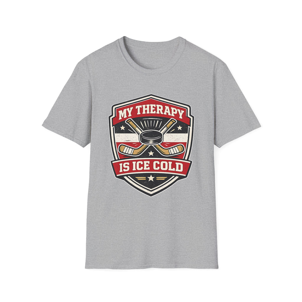 Hockey graphic tee featuring crossed sticks, puck artwork, and the phrase My Therapy Is Ice Cold on a bold sports grey unisex T-shirt.