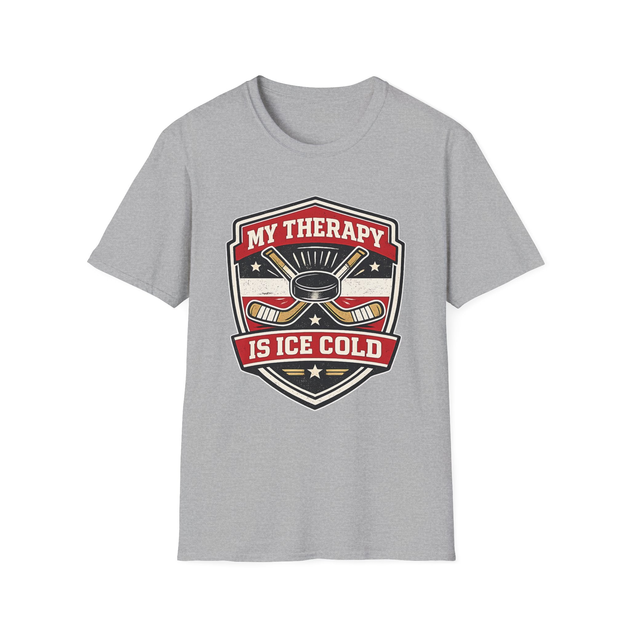 Hockey graphic tee featuring crossed sticks, puck artwork, and the phrase My Therapy Is Ice Cold on a bold sports grey unisex T-shirt.