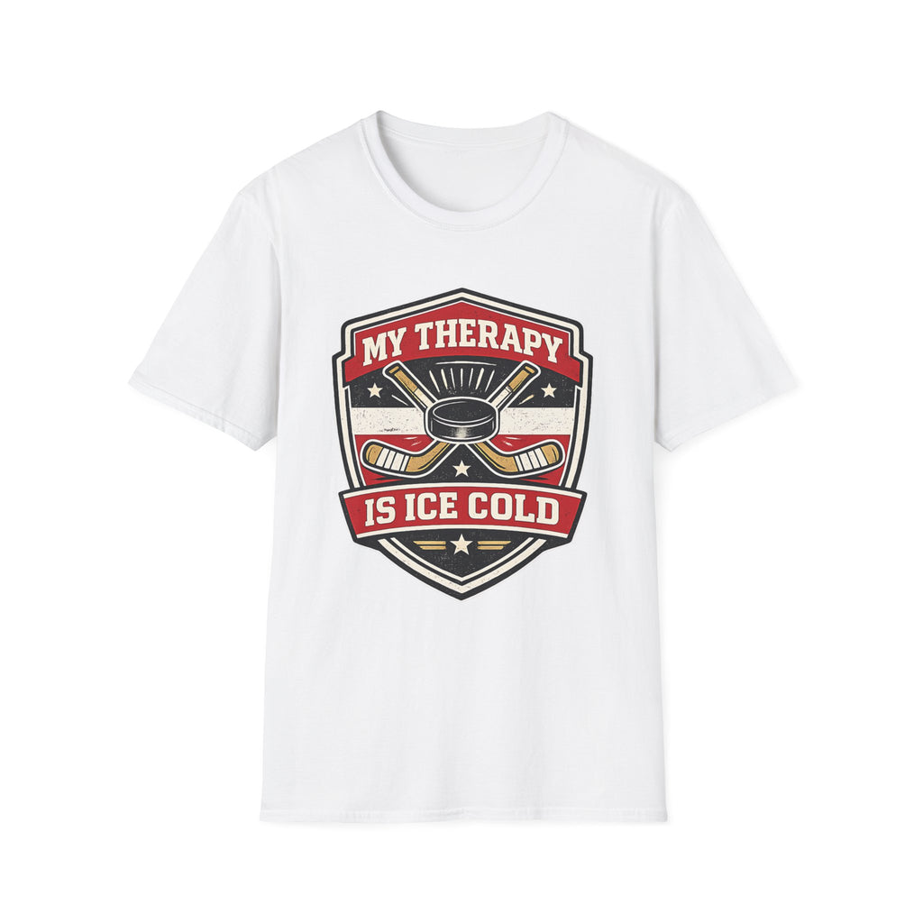 Hockey graphic tee featuring crossed sticks, puck artwork, and the phrase My Therapy Is Ice Cold on a bold white unisex T-shirt.